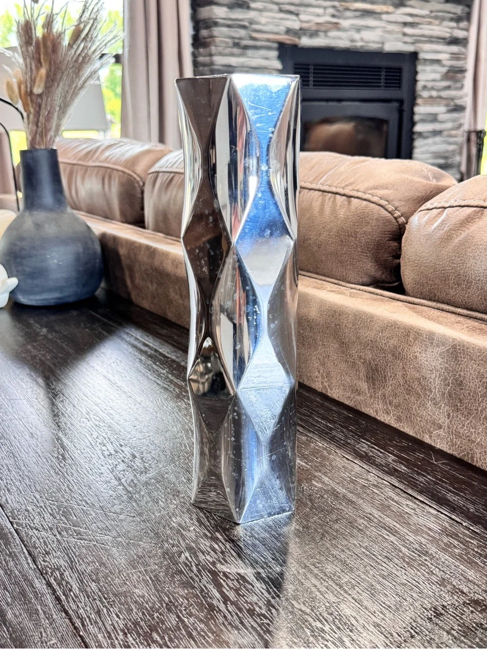 Nambe Metalic Silver Geometric Tall Vase - Elegant Home Accent